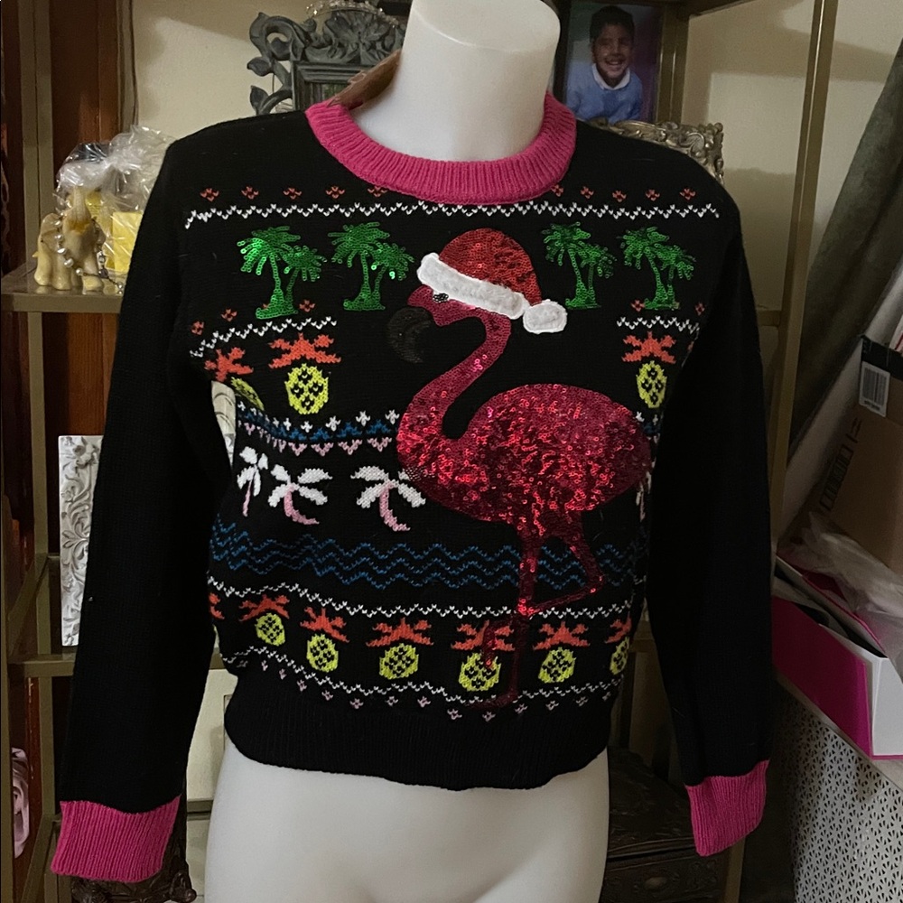 Merry Christmas by Poof Flamingo Sequin Ugly Christmas Sweater